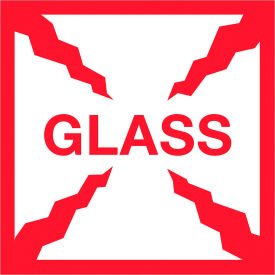 Labels with "Glass" Print, 4"L x 4"W, Red/White, Roll of 500