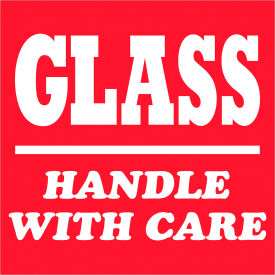 Labels with "Glass-Handle With Care" Print, 4"L x 4"W, Red/White, Roll of 500