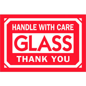 Labels with "Glass-Handle With Care..." Print, 3"L x 2"W, Red/White, Roll of 500