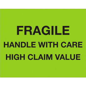 Labels with "Fragile Handle..." Print, 10"L x 8"W, Fluorescent Green, Roll of 250