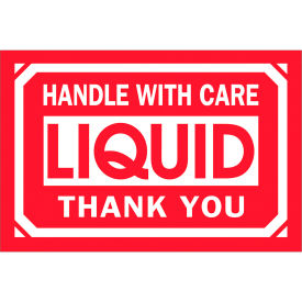Labels with "Handle With Care-Liquid..." Print, 3"L x 2"W, Red/White, Roll of 500