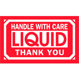 Labels with "Handle With Care-Liquid..." Print, 5"L x 3"W, Red/White, Roll of 500