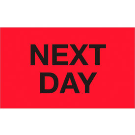 Labels with "Next Day" Print, 5"L x 3"W, Fluorescent Red, Roll of 500