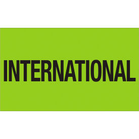 Labels with "International" Print, 5"L x 3"W, Fluorescent Green, Roll of 500