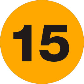 1" Dia. Round Number Paper Labels with "15" Print, Fluorescent Orange, Roll of 500