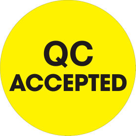 2" Dia. Round Paper Labels w/ "QC Accepted" Print, Fluorescent Yellow, Roll of 500