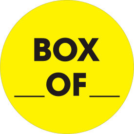 2" Dia. Round Paper Labels w/ "Box __ Of __" Print, Fluorescent Yellow, Roll of 500