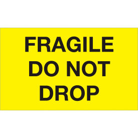 Labels with "Fragile-Do Not Drop" Print, 5"L x 3"W, Fluorescent Yellow, Roll of 500