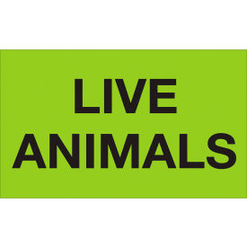 Labels with "Live Animals" Print, 5"L x 3"W, Fluorescent Green, Roll of 500