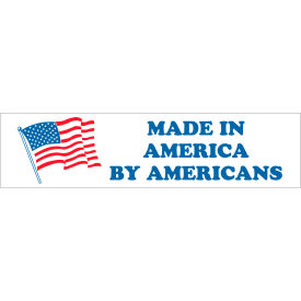 Labels with "Made in America by..." Print, 8"L x 2"W, Red/White/Blue, Roll of 500