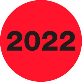 2" Dia. Round Paper Labels with "2022" Print, Fluorescent Red, Roll of 500
