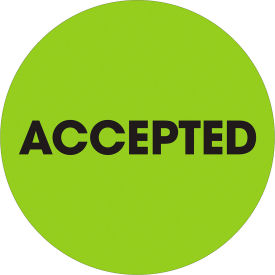 2" Dia. Round Paper Labels with "Accepted" Print, Fluorescent Green, Roll of 500