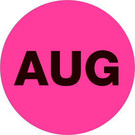 2" Dia. Round Paper Labels with "Aug" Print, Fluorescent Pink, Roll of 500