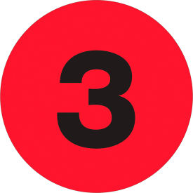 2" Dia. Round Number Paper Labels with "3" Print, Fluorescent Red, Roll of 500