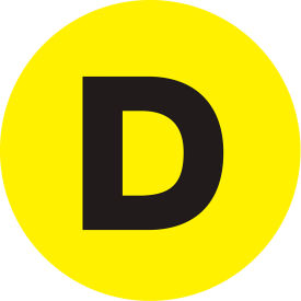 2" Dia. Round Letter Paper Labels with "D" Print, Fluorescent Yellow, Roll of 500