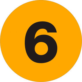 1" Dia. Round Number Paper Labels with "6" Print, Fluorescent Orange, Roll of 500