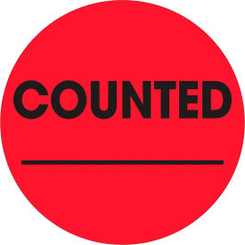 2" Dia. Round Paper Labels with "Counted ___" Print, Fluorescent Red, Roll of 500