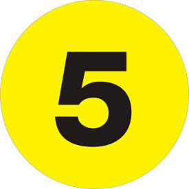 2" Dia. Round Number Paper Labels with "5" Print, Fluorescent Yellow, Roll of 500