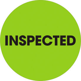 2" Dia. Round Paper Labels with "Inspected" Print, Fluorescent Green, Roll of 500