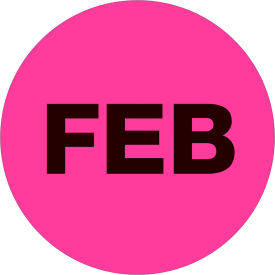 2" Dia. Round Paper Labels with "Feb" Print, Fluorescent Pink, Roll of 500