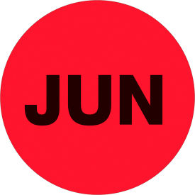 2" Dia. Round Paper Labels with "Jun" Print, Fluorescent Red, Roll of 500