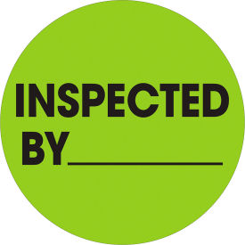 1" Dia. Round Paper Labels w/ "Inspected By" Print, Fluorescent Green, Roll of 500