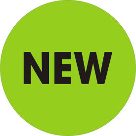 2" Dia. Round Paper Labels with "New" Print, Fluorescent Green, Roll of 500