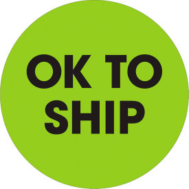 2" Dia. Round Paper Labels with "Ok To Ship" Print, Fluorescent Green, Roll of 500