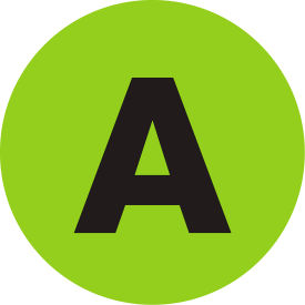 1" Dia. Round Letter Paper Labels with "A" Print, Fluorescent Green, Roll of 500