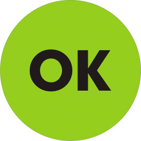 2" Dia. Round Paper Labels with "OK" Print, Fluorescent Green, Roll of 500