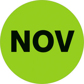 1" Dia. Round Paper Labels with "Nov" Print, Fluorescent Green, Roll of 500
