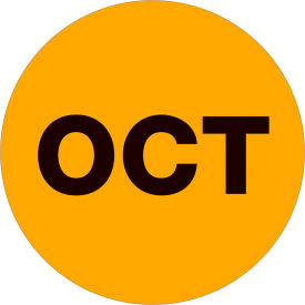 1" Dia. Round Paper Labels with "Oct" Print, Fluorescent Orange, Roll of 500