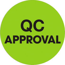 1" Dia. Round Paper Labels with "QC Approval" Print, Fluorescent Green, Roll of 500