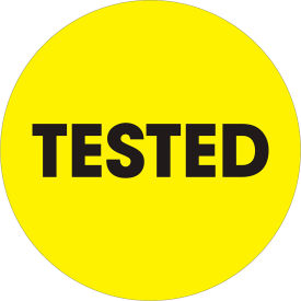 2" Dia. Round Paper Labels with "Tested" Print, Fluorescent Yellow, Roll of 500