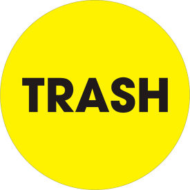 2" Dia. Round Paper Labels with "Trash" Print, Fluorescent Yellow, Roll of 500