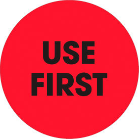 2" Dia. Round Paper Labels with "Use First" Print, Fluorescent Red, Roll of 500