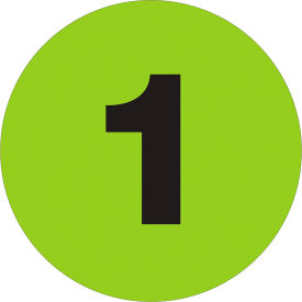 2" Dia. Round Number Paper Labels with "1" Print, Fluorescent Green, Roll of 500