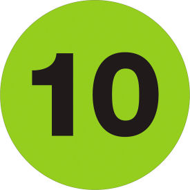 2" Dia. Round Number Paper Labels with "10" Print, Fluorescent Green, Roll of 500