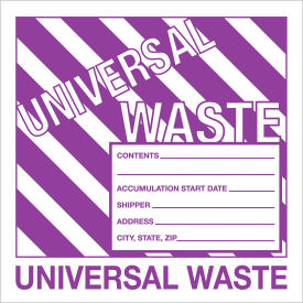 Non-Hazardous Labels, ''Universal Waste'',6"L x 6"W, Purple/White, Roll of 500