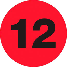 1" Dia. Round Number Paper Labels with "12" Print, Fluorescent Red, Roll of 500