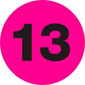 1" Dia. Round Number Paper Labels with "13" Print, Fluorescent Pink, Roll of 500