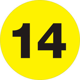 1" Dia. Round Number Paper Labels with "14" Print, Fluorescent Yellow, Roll of 500