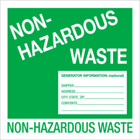 Non-Hazardous Labels, ''Non-Hazardous Waste'',6"L x 6"W, Green/White, Roll of 500