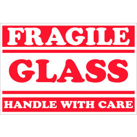 Labels w/ "Fragile-Glass-Handle With Care" Print, 3"L x 2"W, Red/White, Roll of 500