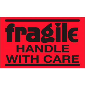 Labels w/ "Fragile-Handle With Care" Print, 5"L x 3"W, Fluorescent Red, Roll of 500