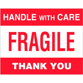 Labels with "Fragile-Handle With Care-Thank" Print, 10"L x 8"W, Red/White, Roll of 250