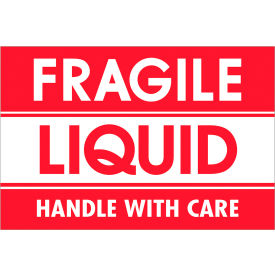 Labels w/ "Fragile-Liquid-Handle With..." Print, 3"L x 2"W, Red/White, Roll of 500