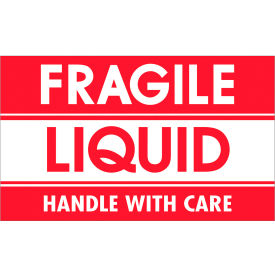 Labels w/ "Fragile-Liquid-Handle With..." Print, 5"L x 3"W, Red/White, Roll of 500