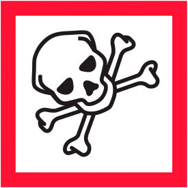 Pictogram Skull and Crossbones Labels, 2"L x 2"W, Red/White/Black, Roll of 500