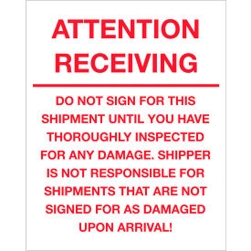 Labels w/ "Attention Receiving-Do Not" Print, 10"L x 8"W, Red/White, Roll of 250
